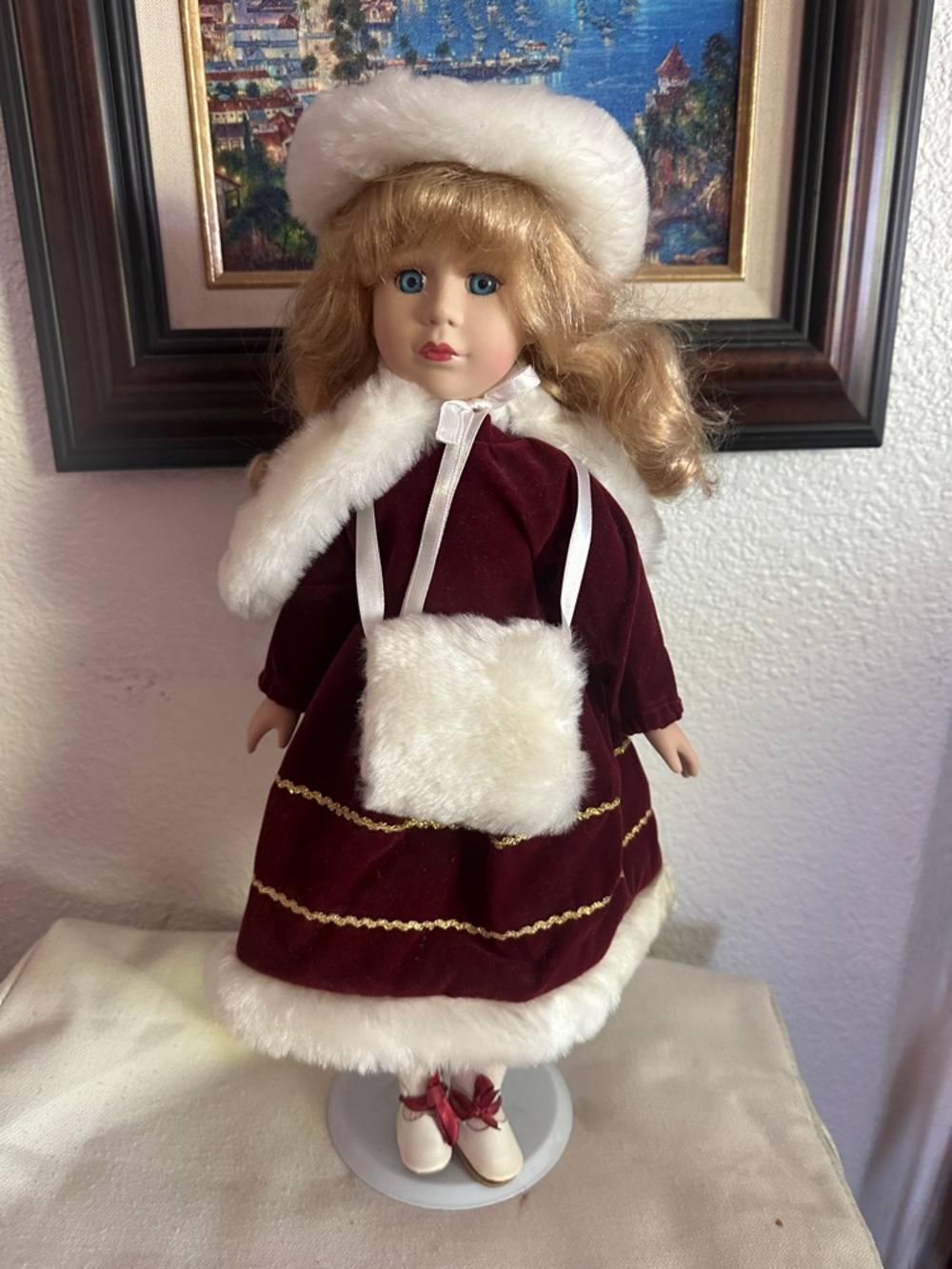 Burgundy & White Faux-Fur Holiday Doll with Purse